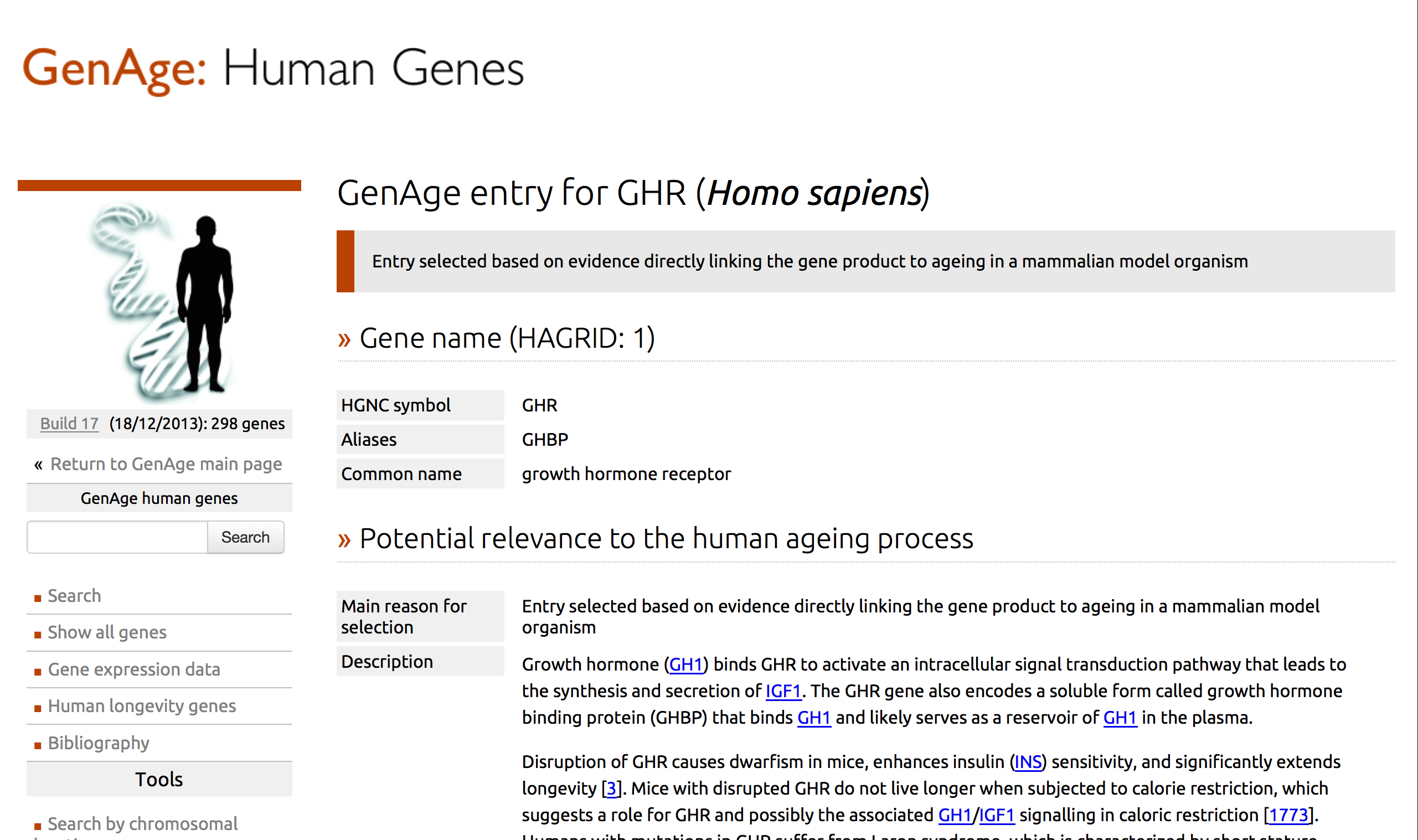 Human Ageing Genomic Resources search results page